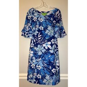 Pappagallo Floral Shift Dress Womens Blue White Ruffle Sleeve